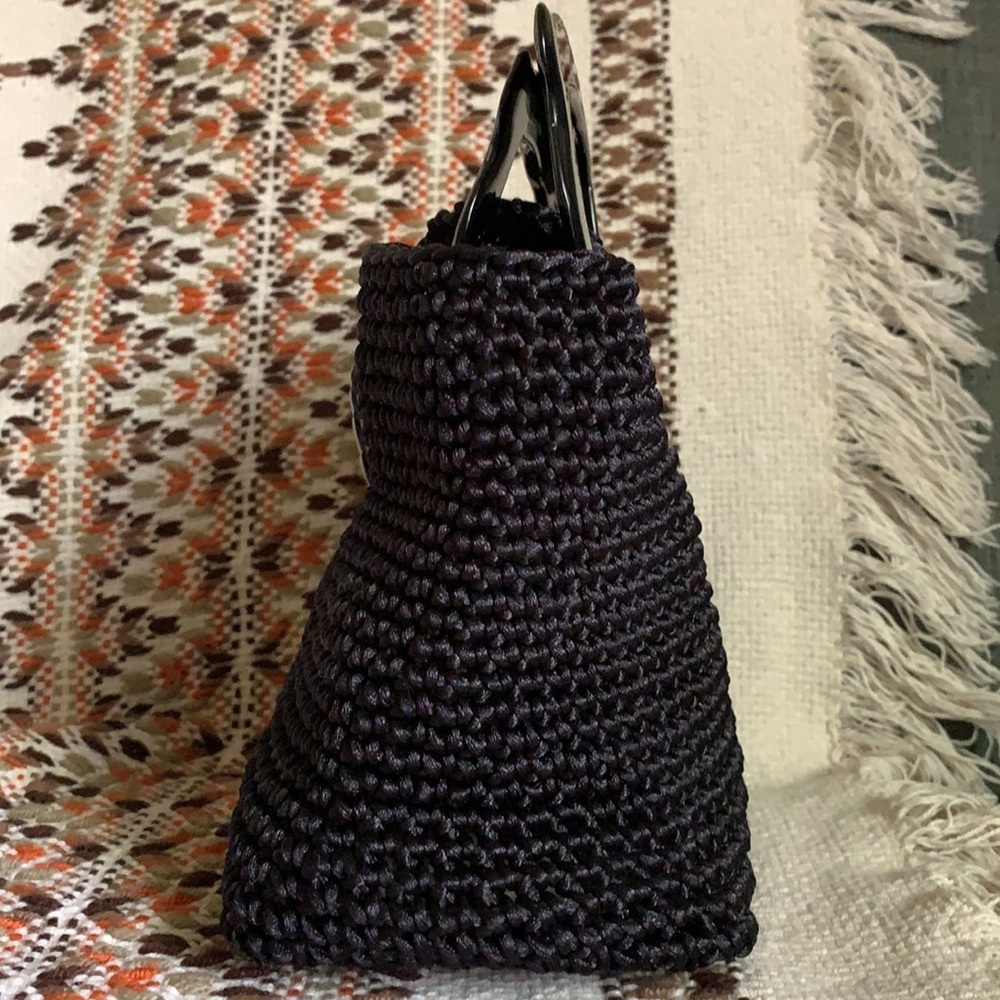 Mini Woven Black Hand Bag with Button Flap Closure - Picture 3 of 8